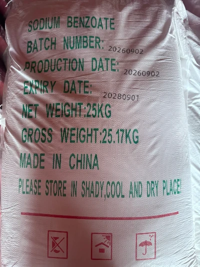A twenty-five kilogram bag of sodium benzoate prepared for the mixed-product order. A twenty-five kilogram bag of sodium benzoate prepared for the mixed-product order.